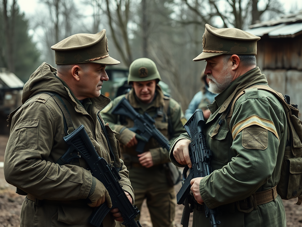 Два офицера в военной форме обсуждают что-то, держа автоматы. В фоновом плане видны другие солдаты.